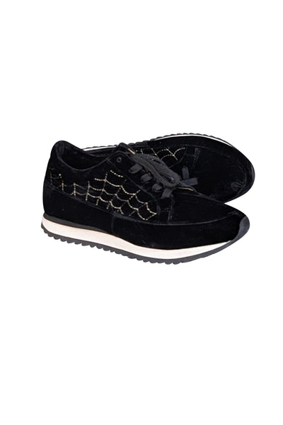 Current Boutique-Charlotte Olympia - Black Velvet Gold Web Stitching Sneakers Sz 10