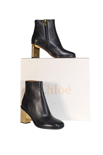 Chloe - Black Leather Gold Heeled Short Boots Sz 5.5 - Current Boutique