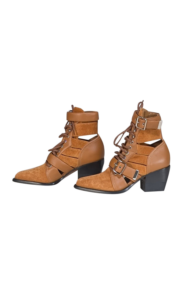 Chloe - Tan Suede & Leather Cut Out Short Boots Sz 6.5 - Current Boutique