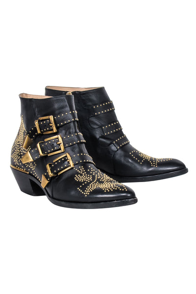 Current Boutique-Chloe - Black Leather Gold Studded "Susanna" Booties Sz 11
