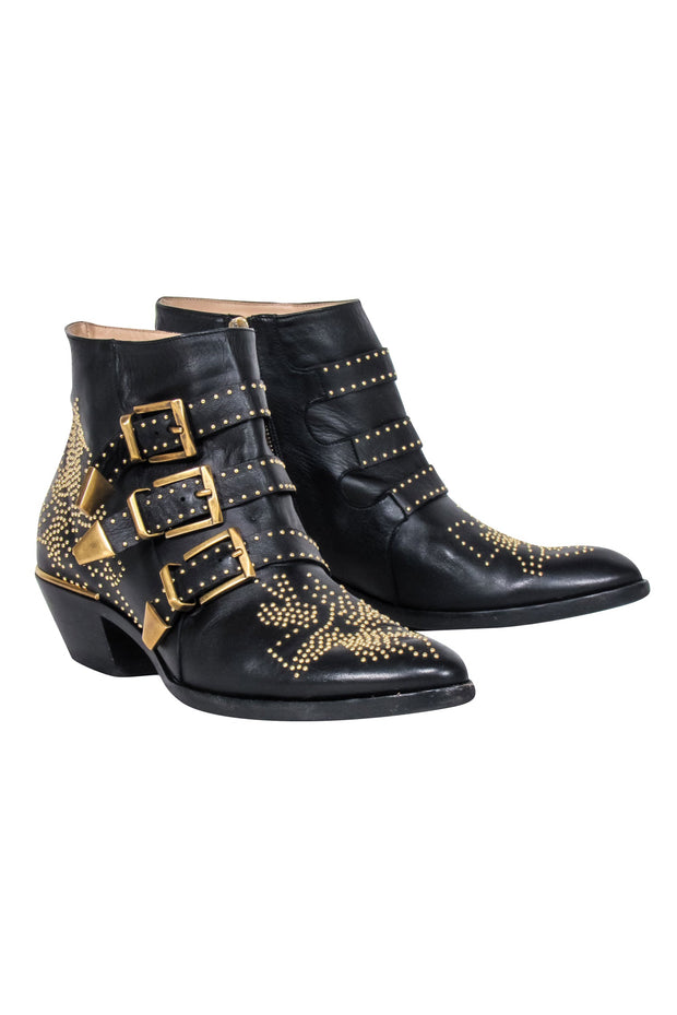 Current Boutique-Chloe - Black Leather Gold Studded "Susanna" Booties Sz 11