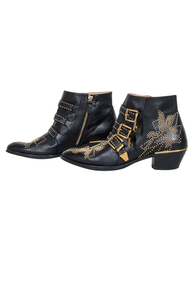 Current Boutique-Chloe - Black Leather Gold Studded "Susanna" Booties Sz 11