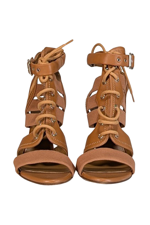 Current Boutique-Chloe - Tan Leather & Woven Strappy Open Toe Pumps Sz 12