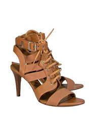 Current Boutique-Chloe - Tan Leather & Woven Strappy Open Toe Pumps Sz 12