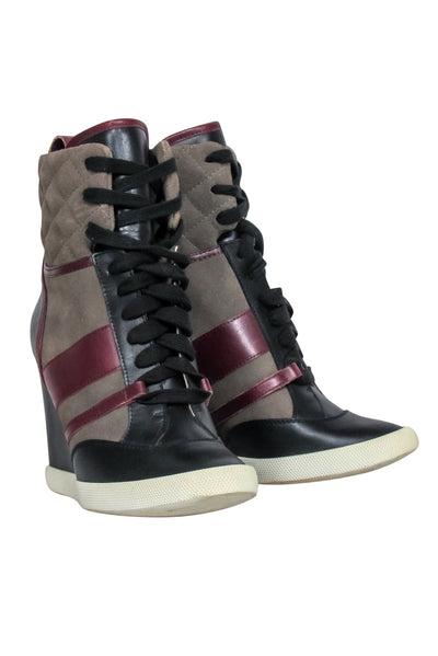 Current Boutique-Chloe - Green, Maroon & Black Leather & Quilted Suede Wedge Sneaker Size 8.5