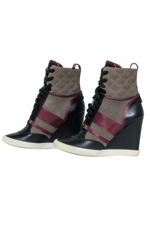 Current Boutique-Chloe - Green, Maroon & Black Leather & Quilted Suede Wedge Sneaker Size 8.5