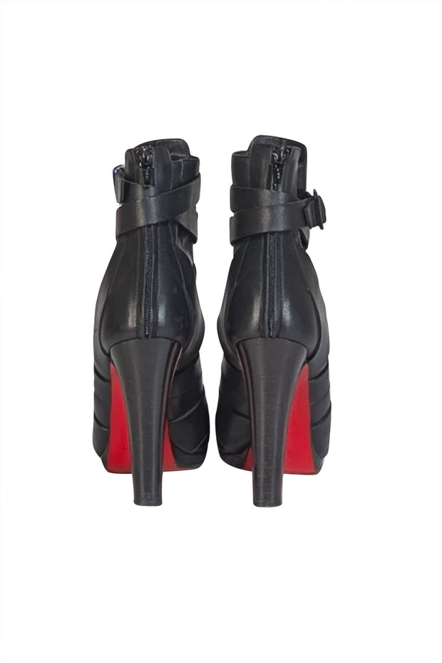 Christian Louboutin - Black Leather Wrap Around Ankle Short Boot Heels - Current Boutique