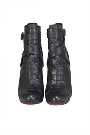 Christian Louboutin - Black Leather Wrap Around Ankle Short Boot Heels - Current Boutique