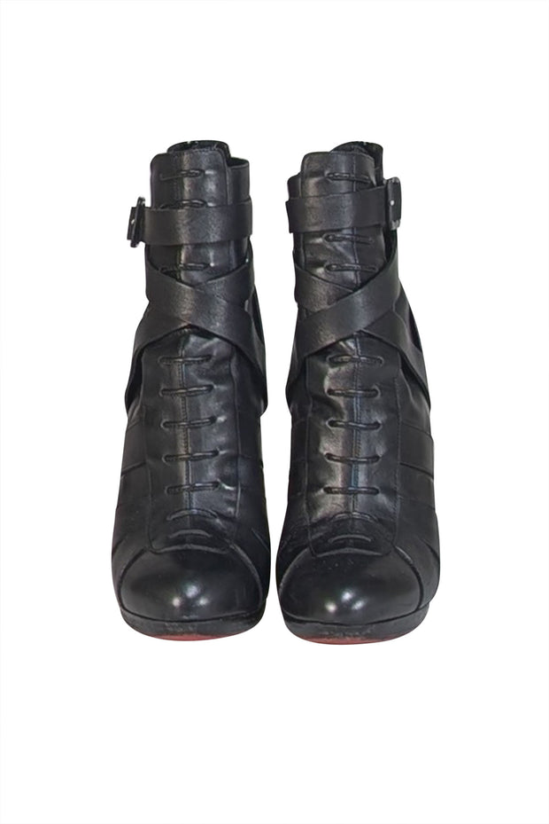Christian Louboutin - Black Leather Wrap Around Ankle Short Boot Heels - Current Boutique