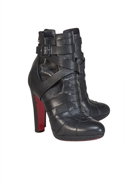 Christian Louboutin - Black Leather Wrap Around Ankle Short Boot Heels - Current Boutique