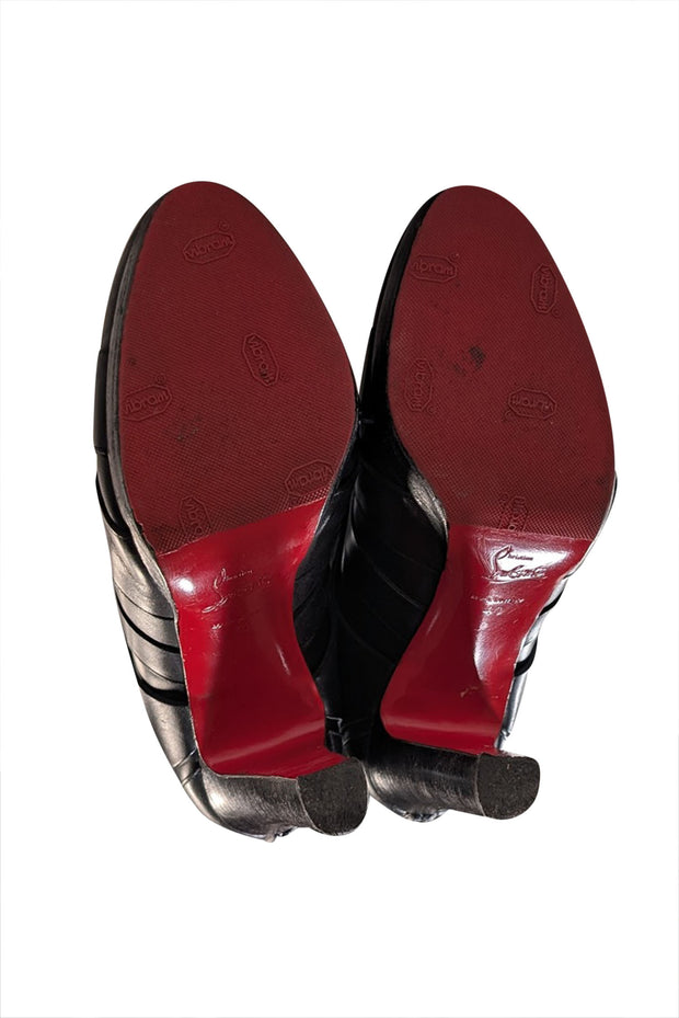 Christian Louboutin - Black Leather Wrap Around Ankle Short Boot Heels - Current Boutique