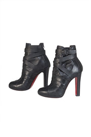 Christian Louboutin - Black Leather Wrap Around Ankle Short Boot Heels - Current Boutique