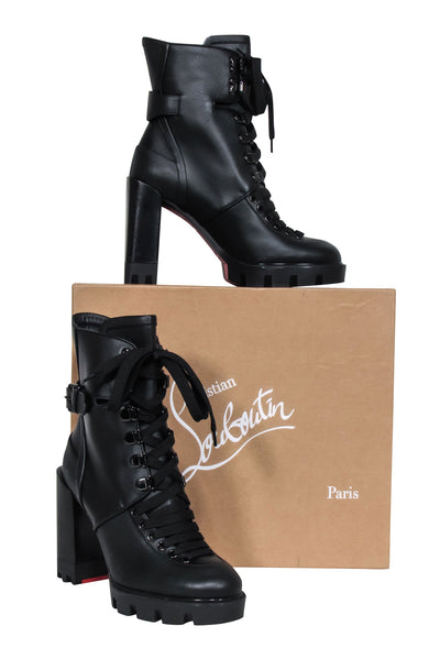 Current Boutique-Christian Louboutin - Black Leather Lace Up "Macademia" Short Boots Sz 7