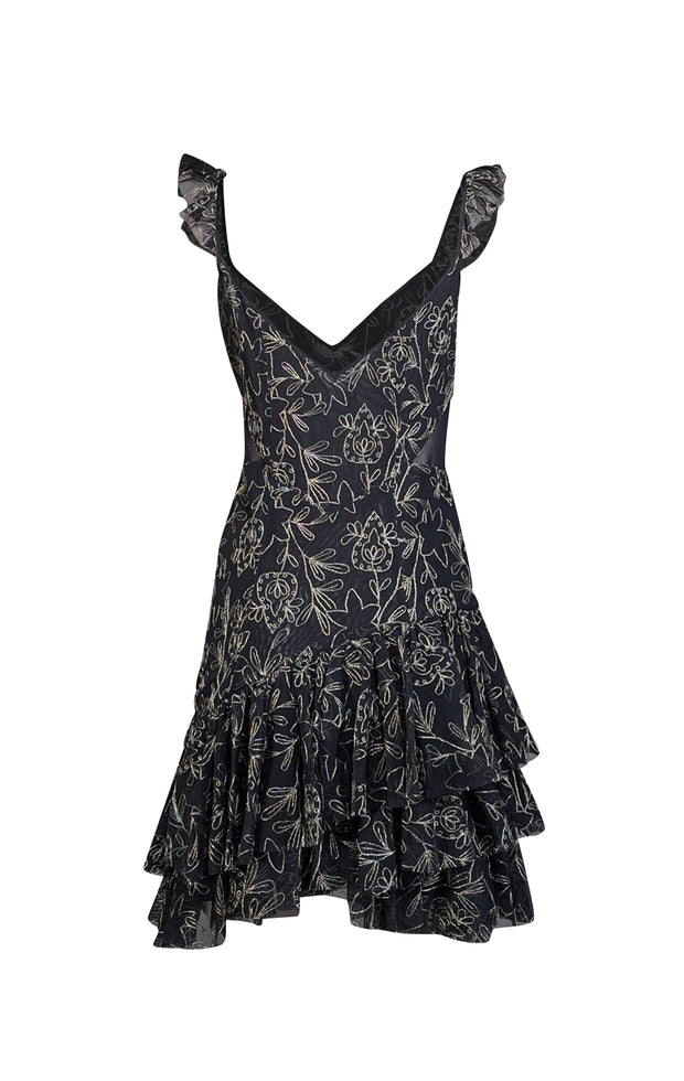Cinq a Sept - Black Ruffled Tulle Mini Dress w/ Metallic Embroidery Sz 10 - Current Boutique