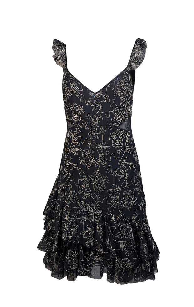 Cinq a Sept - Black Ruffled Tulle Mini Dress w/ Metallic Embroidery Sz 10 - Current Boutique