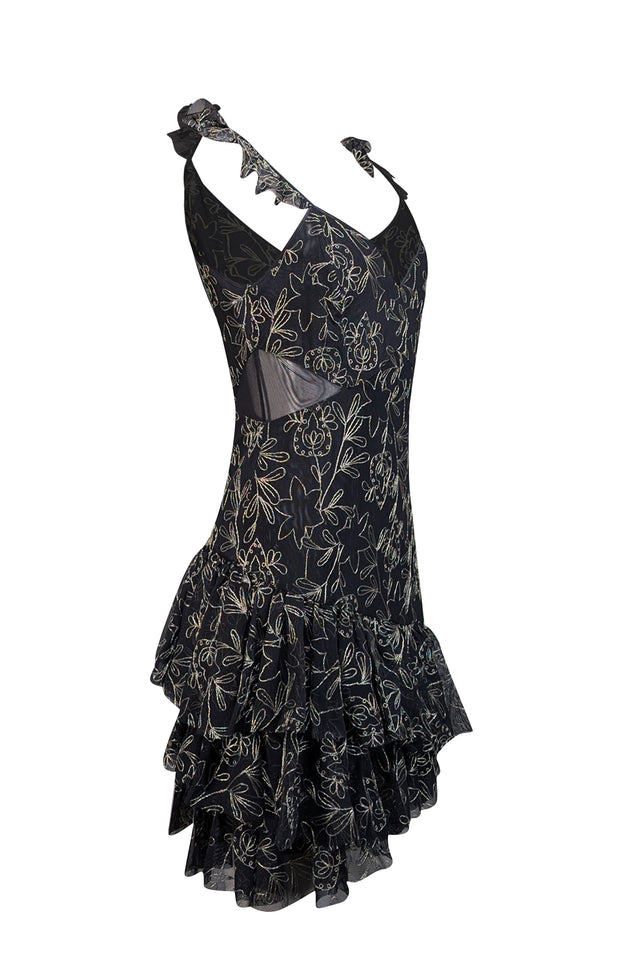 Cinq a Sept - Black Ruffled Tulle Mini Dress w/ Metallic Embroidery Sz 10 - Current Boutique