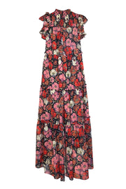 Cinq a Sept - Black w/ Pink & Red Floral Print Ruffled Maxi Dress Sz 4 - Current Boutique