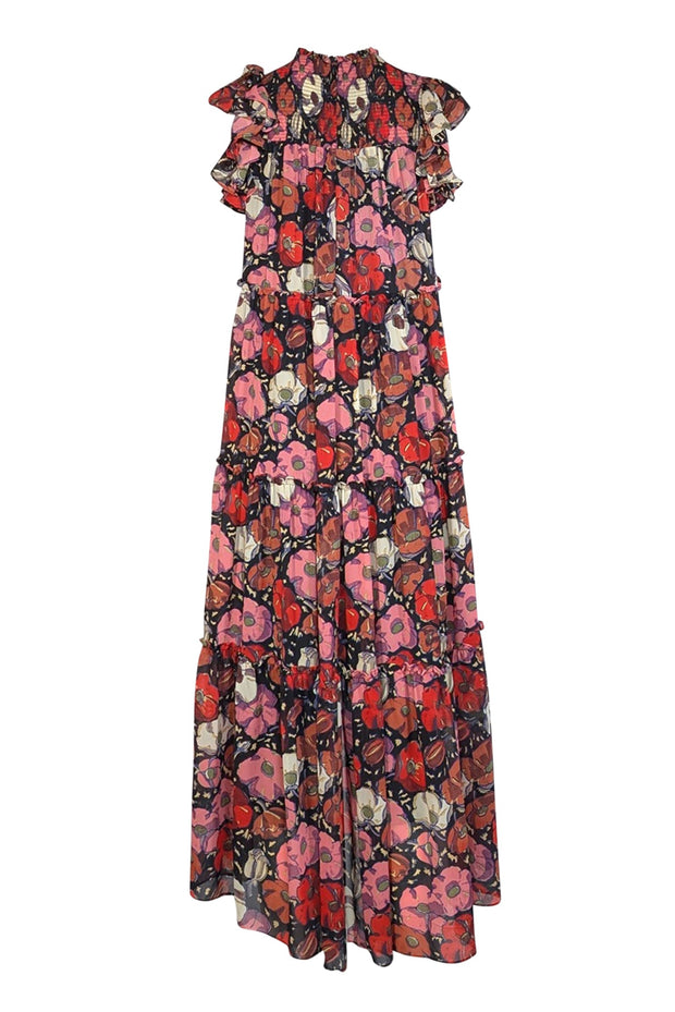Cinq a Sept - Black w/ Pink & Red Floral Print Ruffled Maxi Dress Sz 4 - Current Boutique