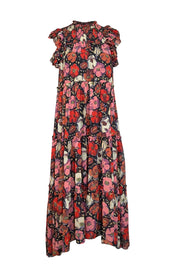 Cinq a Sept - Black w/ Pink & Red Floral Print Ruffled Maxi Dress Sz 4 - Current Boutique