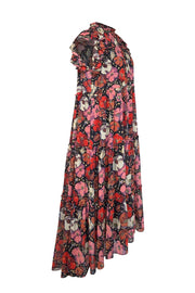 Cinq a Sept - Black w/ Pink & Red Floral Print Ruffled Maxi Dress Sz 4 - Current Boutique