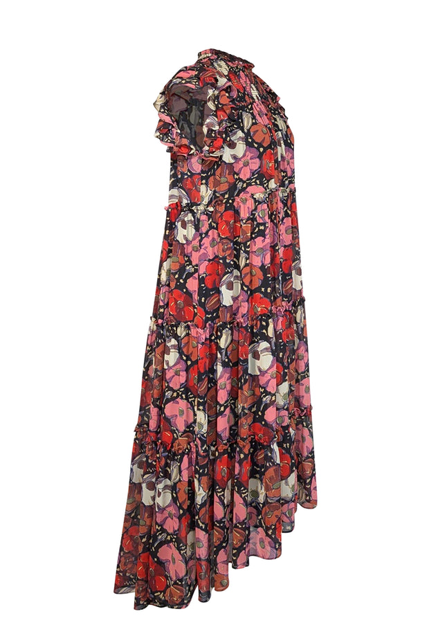 Cinq a Sept - Black w/ Pink & Red Floral Print Ruffled Maxi Dress Sz 4 - Current Boutique