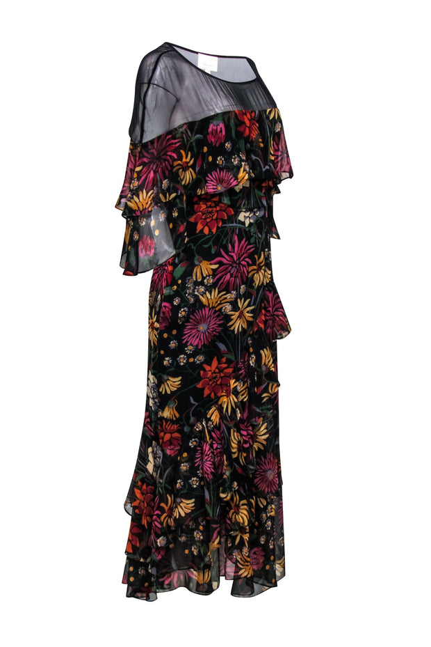 Current Boutique-Cinq a Sept - Black & Multi Color Floral Print Ruffled Detail Formal Dress Sz 8