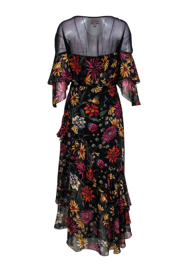 Current Boutique-Cinq a Sept - Black & Multi Color Floral Print Ruffled Detail Formal Dress Sz 8