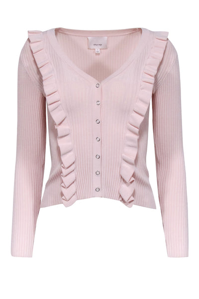 Current Boutique-Cinq a Sept - Light Pink V-Neckline Ruffled Trim Ribbed Top Sz S