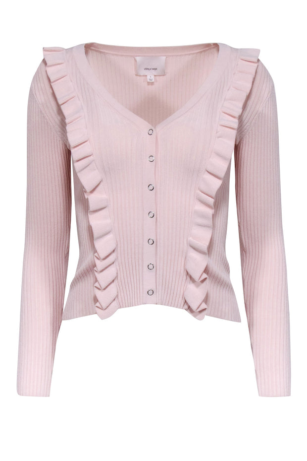 Current Boutique-Cinq a Sept - Light Pink V-Neckline Ruffled Trim Ribbed Top Sz S