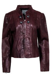 Current Boutique-Classiques Entier - Brown Leather Ruffle Collar Leather Jacker Sz XL