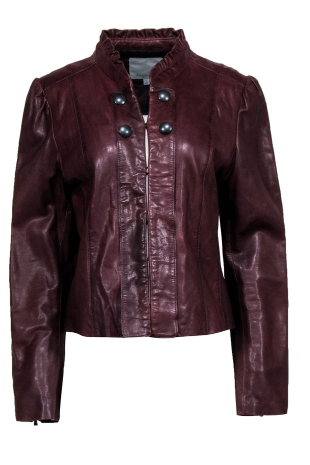 Current Boutique-Classiques Entier - Brown Leather Ruffle Collar Leather Jacker Sz XL