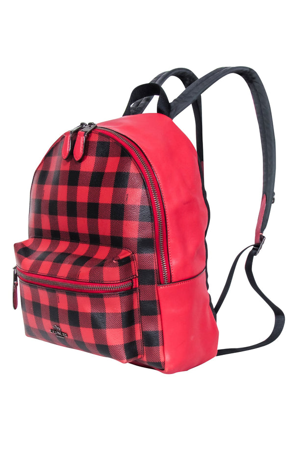 Current Boutique-Coach - Red & Black Gingham Print Medium Charlie Backpack