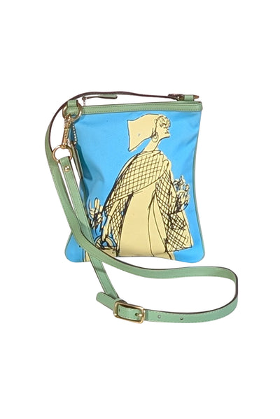 Coach - Aqua Blue & Yellow Print Crossbody w/ Green Leather Trim - Current Boutique