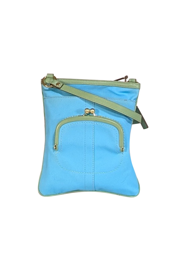 Coach - Aqua Blue & Yellow Print Crossbody w/ Green Leather Trim - Current Boutique