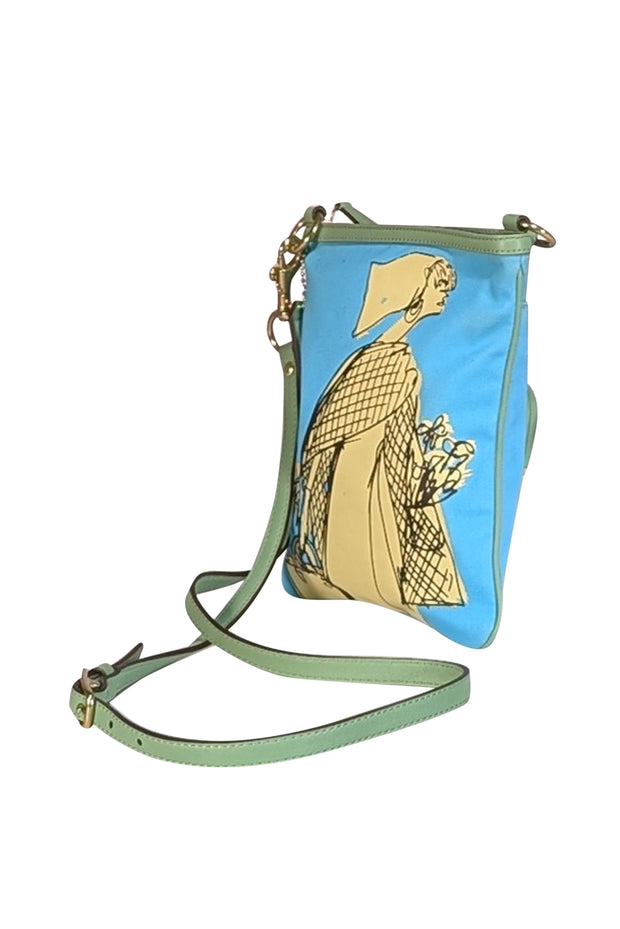 Coach - Aqua Blue & Yellow Print Crossbody w/ Green Leather Trim - Current Boutique