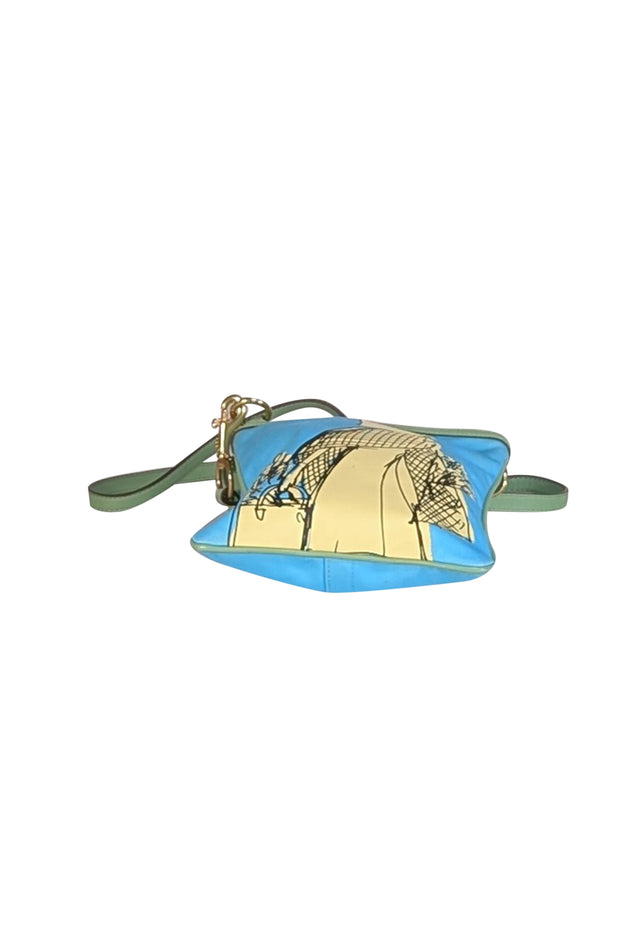 Coach - Aqua Blue & Yellow Print Crossbody w/ Green Leather Trim - Current Boutique