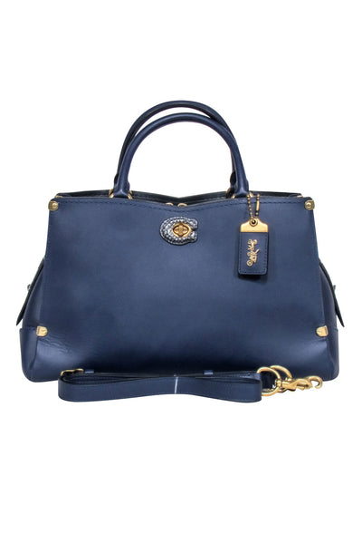 Current Boutique-Coach - Navy Leather w/ Snake Skin Print Trim Satchel