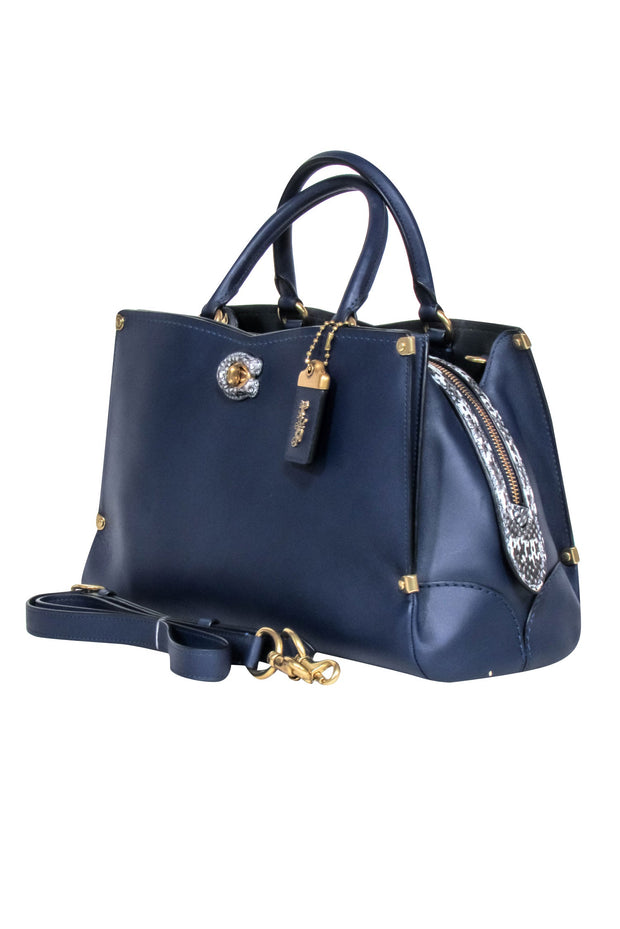 Current Boutique-Coach - Navy Leather w/ Snake Skin Print Trim Satchel