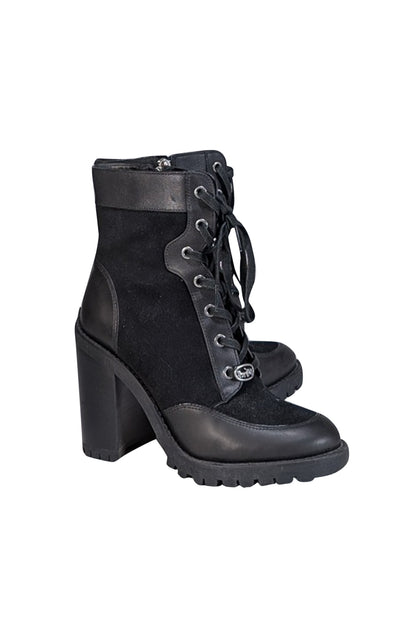 Coach - Black Canvas & Leather Lace Up Short Boots Sz 7.5 - Current Boutique