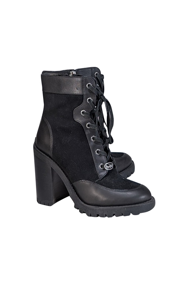 Coach - Black Canvas & Leather Lace Up Short Boots Sz 7.5 - Current Boutique
