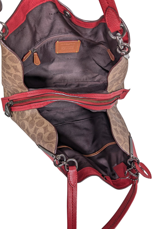 Current Boutique-Coach - Red Pebbled Leather w/ Tan Monogram Coated Canvas Shoulder Bag