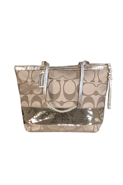 Coach - Beige Satin Monogram Sequin Trim Small Tote Bag - Current Boutique