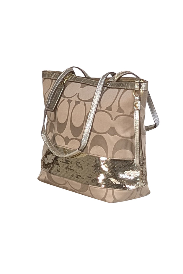 Coach - Beige Satin Monogram Sequin Trim Small Tote Bag - Current Boutique