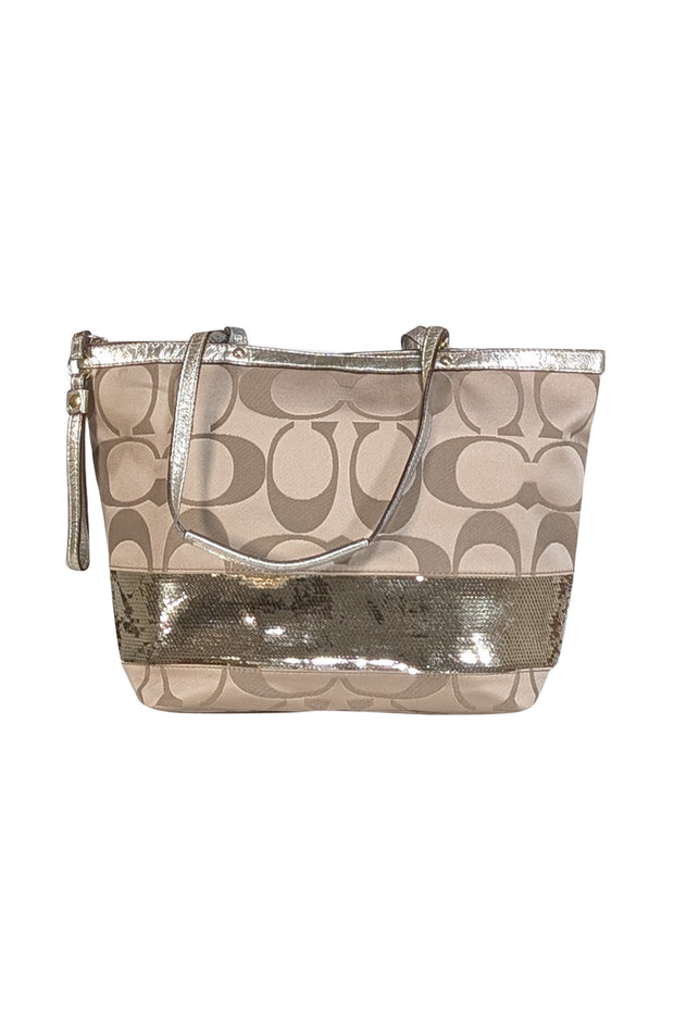 Coach - Beige Satin Monogram Sequin Trim Small Tote Bag - Current Boutique