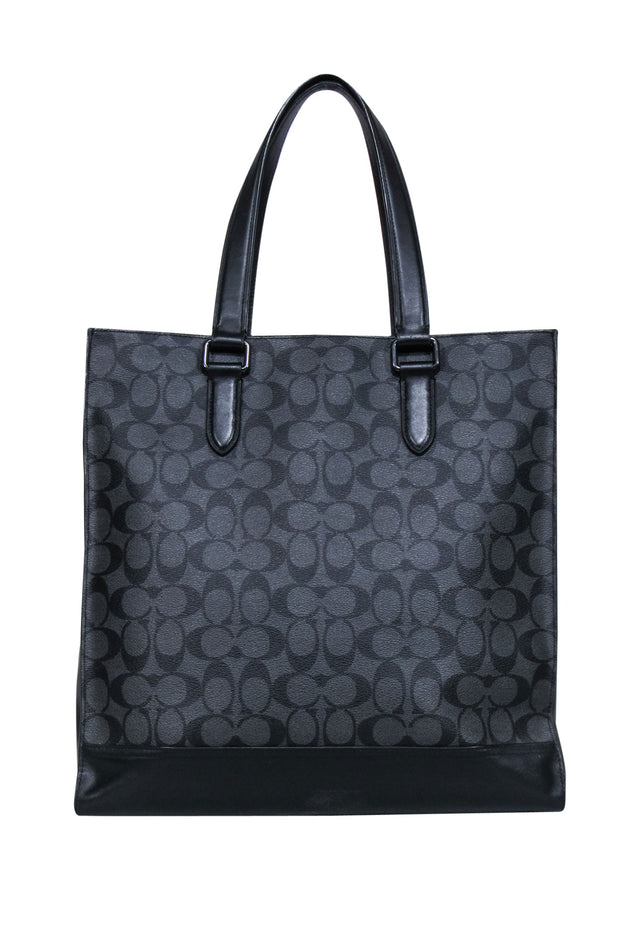Current Boutique-Coach - Black & Grey Monogram Print Leather Trimmed Tote