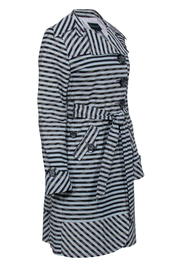 Current Boutique-Custo - Grey, Black, & Green Striped Trench Coat Sz 4