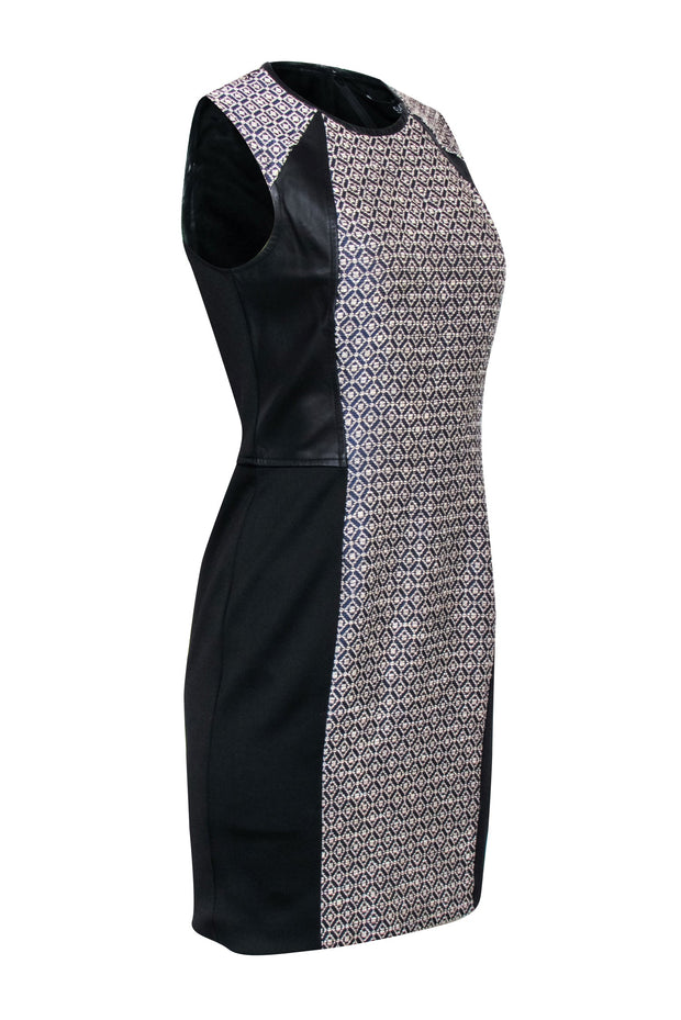 Current Boutique-Cut25 - Black Leather Trim w/ Cream Woven Print Middle Sleeveless Dress Sz 6