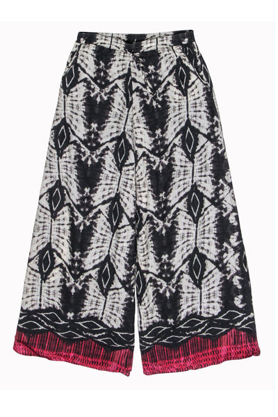 Current Boutique-Da-Nang - Black & Cream Tie Dye w/ Red Trim Silk Wide Leg Pants Sz S