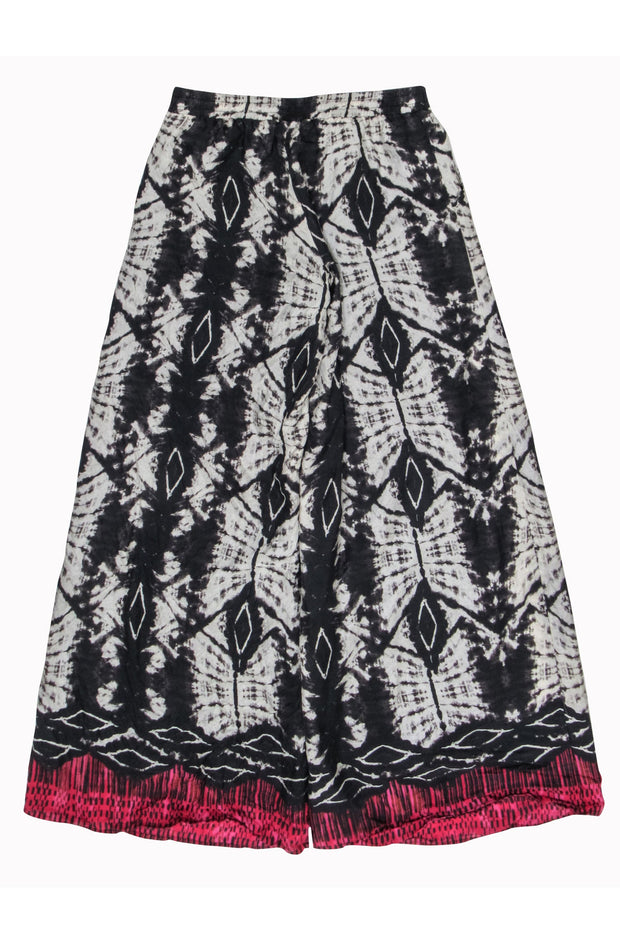 Current Boutique-Da-Nang - Black & Cream Tie Dye w/ Red Trim Silk Wide Leg Pants Sz S