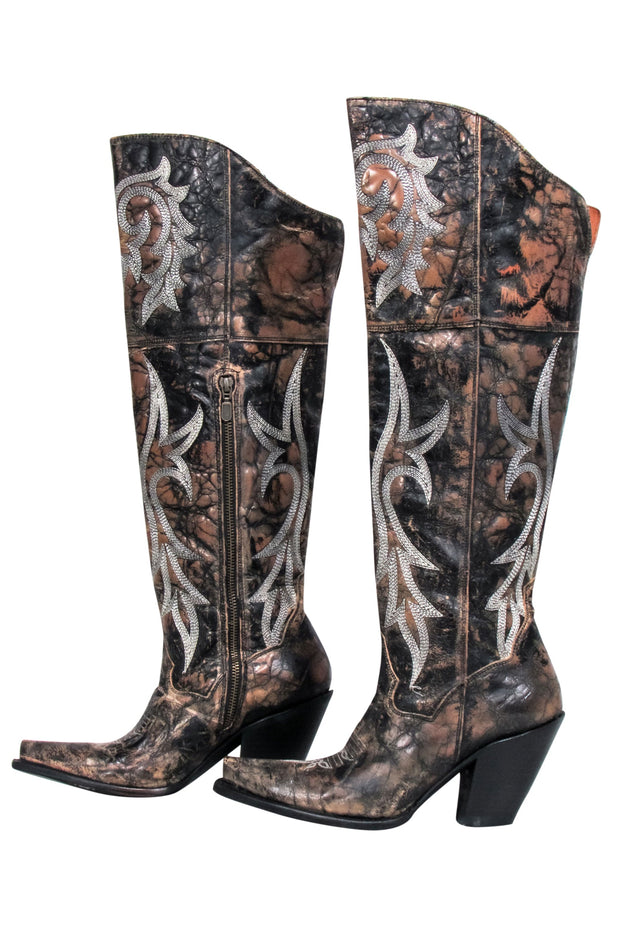 Current Boutique-Dan Post - Brown & Black Crackle Jilted Tall Boots Sz 9